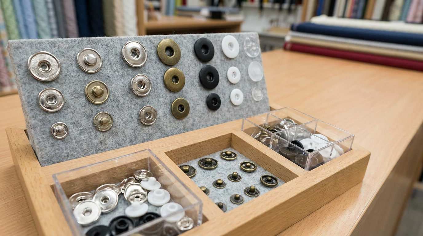 press button, Press button components in multiple sizes and metal finishes are displayed on a fabric sample board above divided wooden trays.